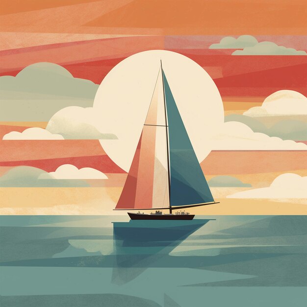 A Minimal Colorful Modern Artwork Of A Sailboat Floating On Water