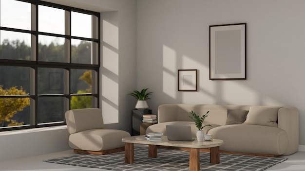 Минималистская уютная домашняя гостиная с удобным диваном, минималистичный журнальный столик, домашний декор