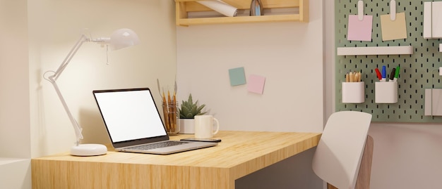 Minimal and comfortable home workspace with laptop mockup on wood table shelves on white wall