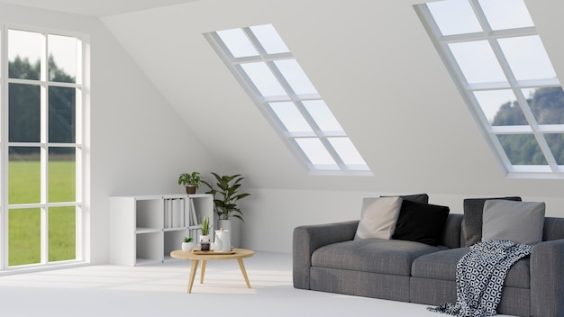 Minimal comfortable white living room interior design with\
comfortable grey sofa and decor