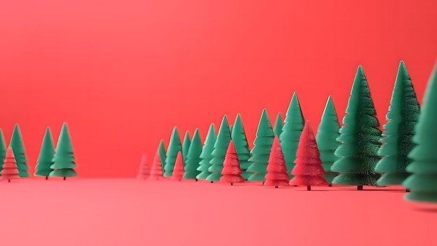 Minimal composition pattern background of green Christmas trees on pastel red background