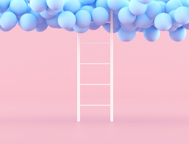 Minimal concept idea of white ladder and floating blue ball on\
pink background. 3d rendering.