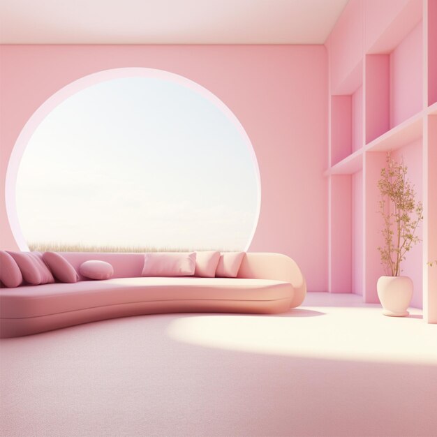 Minimal concept interior of living pink tone on pink floor and background