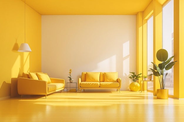 Minimal concept interior of living yellow tone on yellow floor and background