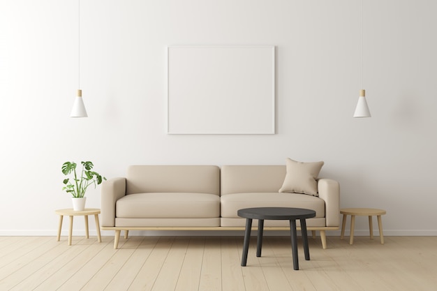 Фото Минимальная концепция. интерьер гостиной бежевый тканевый диван, деревянный стол, потолочная лампа и рама на деревянный пол и белые стены.