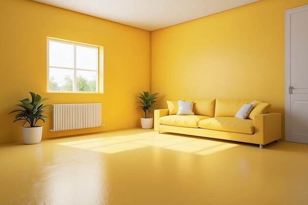 写真 黄色い床と背景の黄色い色の生活の最小限のコンセプトのインテリア