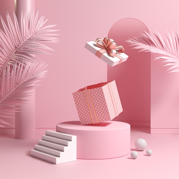 Minimal Concept Podium And Empty Pink Gift Box Bounce Open With Leaves Palm 3d Render