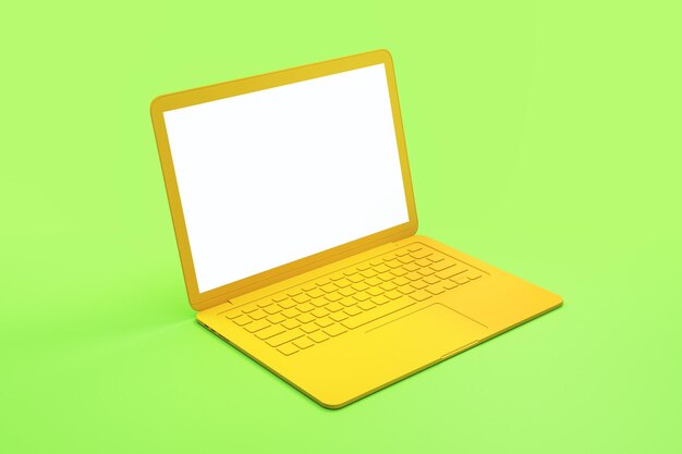 Minimal concept with blank white mock up yellow laptop screen at abstract light green background
