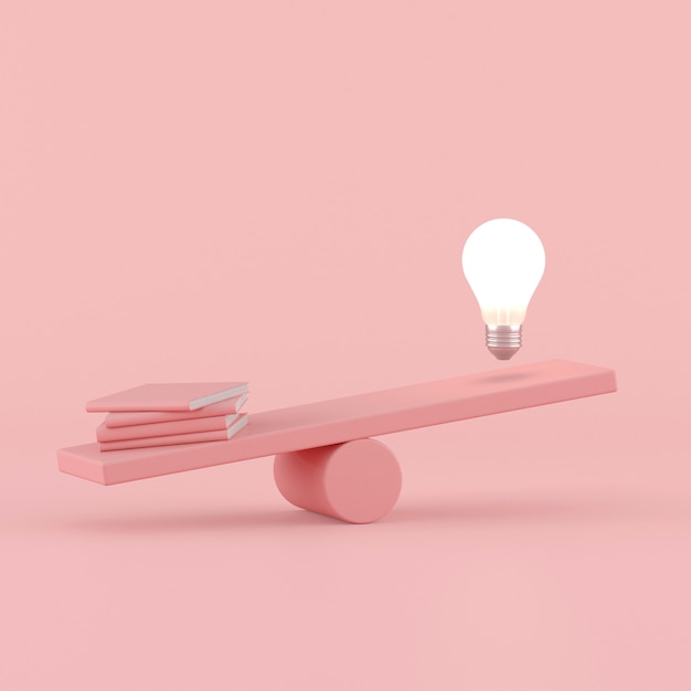 Idea concettuale minima di galleggiamento della lampadina opposta con i libri rosa sull'altalena, concetto di conoscenza. rendering 3d.