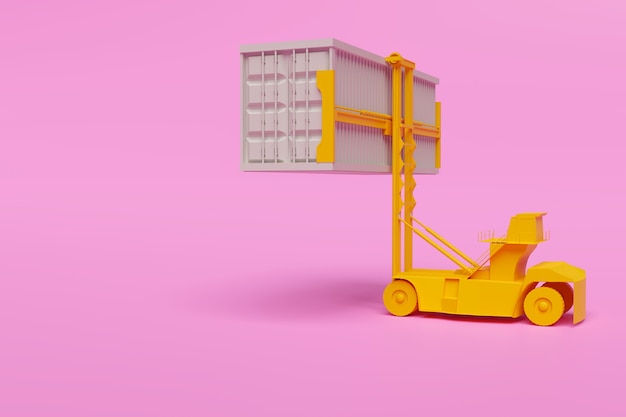 Minimal container lift machine on pink background, 3d illustration rendering