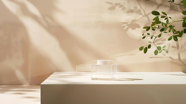 Minimal cosmetic background Pedestal display glass cube block platform transparent g Generative AI