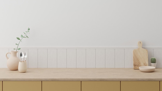 Minimal cozy counter background with bright wood counter white\
wall plant jug mug chop fork spoon