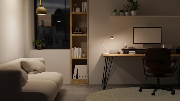 Minimal and cozy home office workspace at night with cozy couch computer mockup