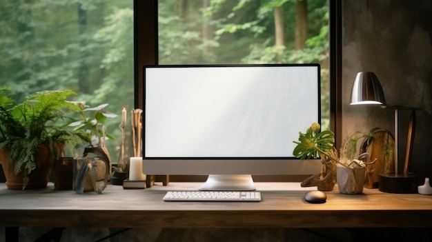 Minimal and cozy working space near the window with desktop computer