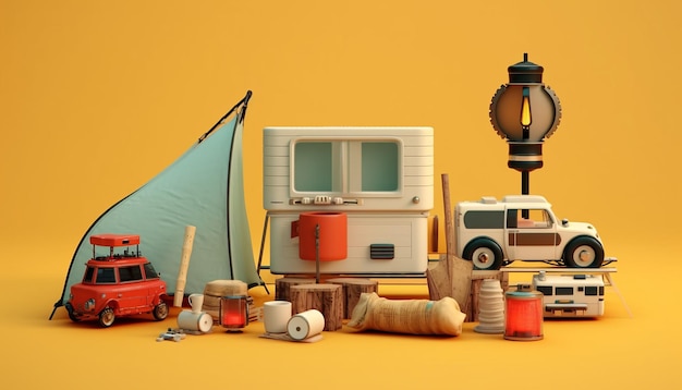 Minimal creative camp objects realistic miniature concept 8k ultra high quality render