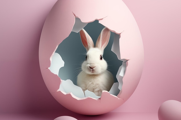 最小限の創造的なパステル イースターのコンセプトは、小さな白いウサギとパステルの半分割れた卵を描いた