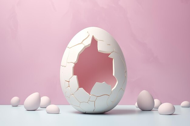 최소한의 창의적인 파스텔 부활절 개념은 작은 흰 토끼와 함께 파스텔 반 깨진 달걀을 그렸습니다.