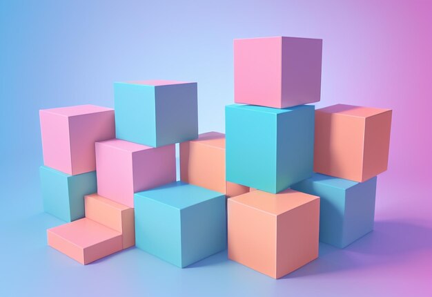 Minimal Cube Box and Abstract Pastel Blue and Coral Background