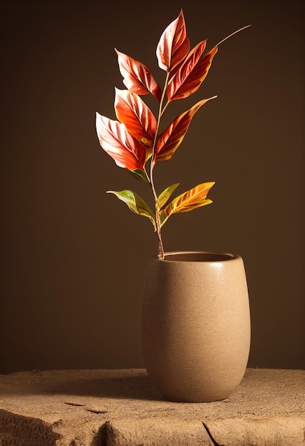 Minimal design decoration of clay vasewhite candlepampas grass on natural stone podium copy space