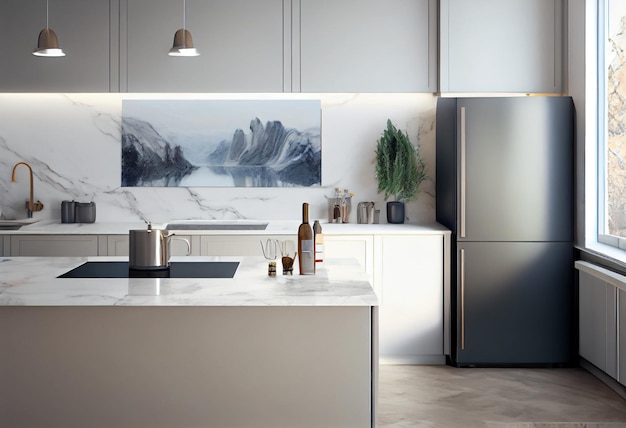 Photo minimal design kitchen with cabinet cupboard with white square tile splashback wall for cooking ai generated