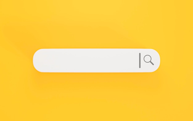 写真 黄色の背景に最小限のデザインの検索バー、3dレンダリングによるweb検索エンジンのコンセプト。