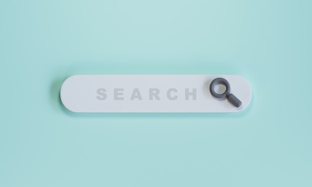 Minimal design white search bar with magnifier on blue background , Web search engine concept by 3D rendering.