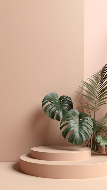 Minimal Display Podium with Tropical Plants and Flowers Product Showcase