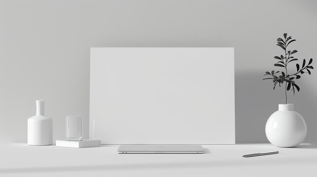 A minimal and elegant workspace with a laptop a plant a vase a glass a bottle and a pen on a white table against a white background