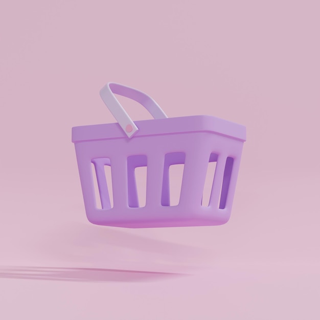 Minimal empty 3d purple shopping basket in the studio 3D rendering illustration