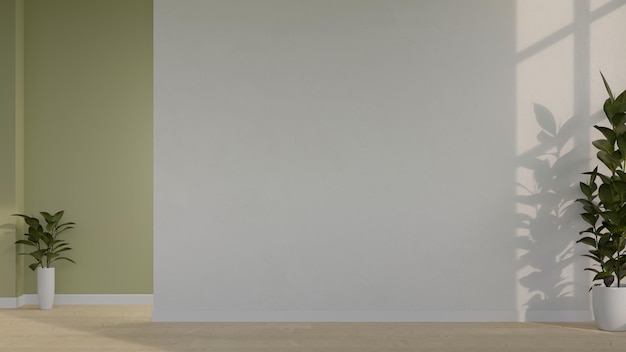 Минимальная пустая гостиная с комнатными растениями и копией пространства на деревянном полу у белой стены