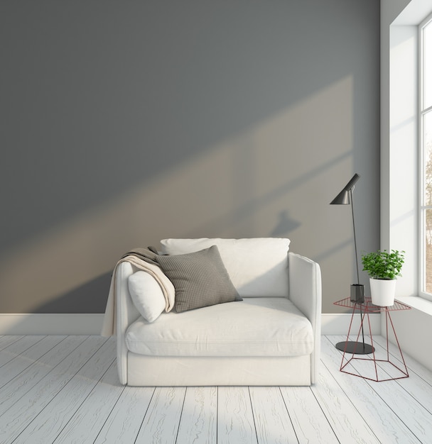 Minimal empty room with armchair and gray wall floor lamp 3D rendering