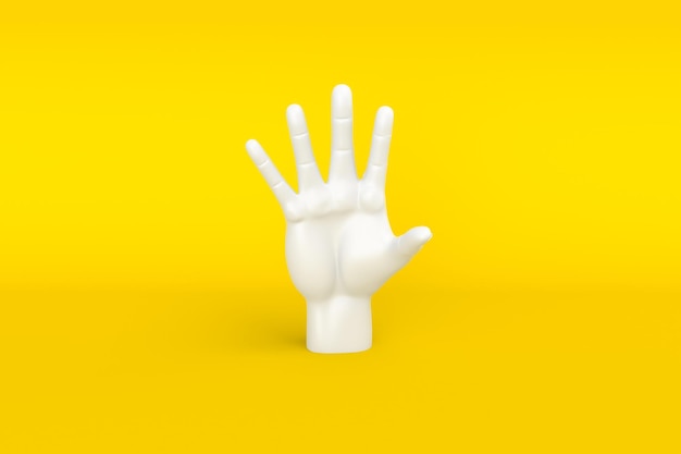 Minimal empty top view hand extended isolated on yellow background 3d rendering