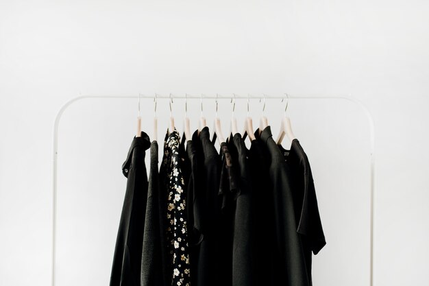 Minimal fashion clothes concept. Female blouses and t-shirts on hanger on white