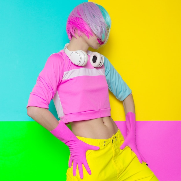 Photo minimal fashion pop art. vanilla pastel colors. girl dj.