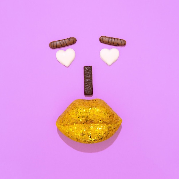 Minimal flat lay art. Fake golden lips and 
chocolates in funny composition.  Sweet lover concept