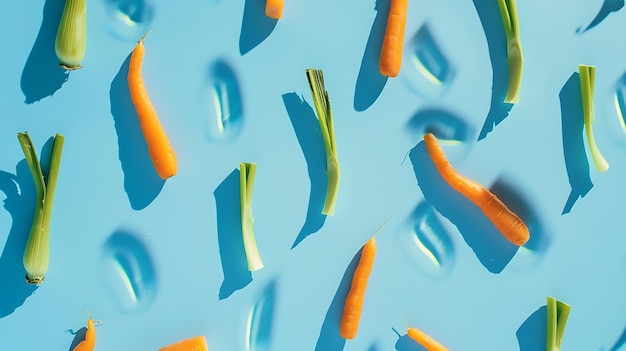 Photo minimal flat lay patterrn of leek pepper and carrot on bright blue background compos generative ai