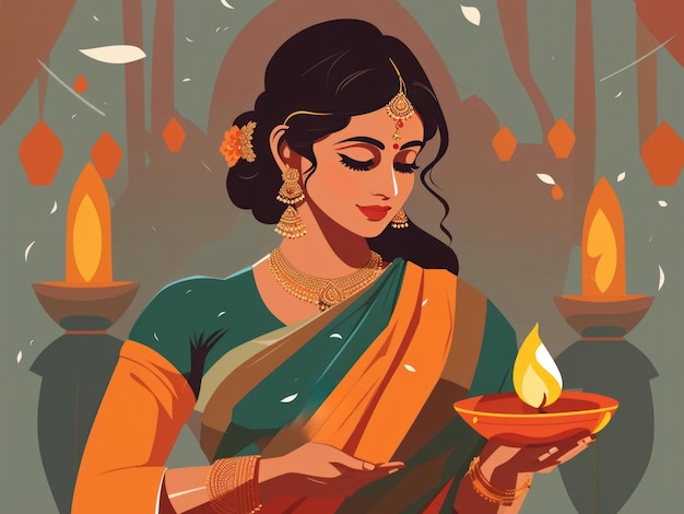 minimal flat vector illustration women with diwali diya