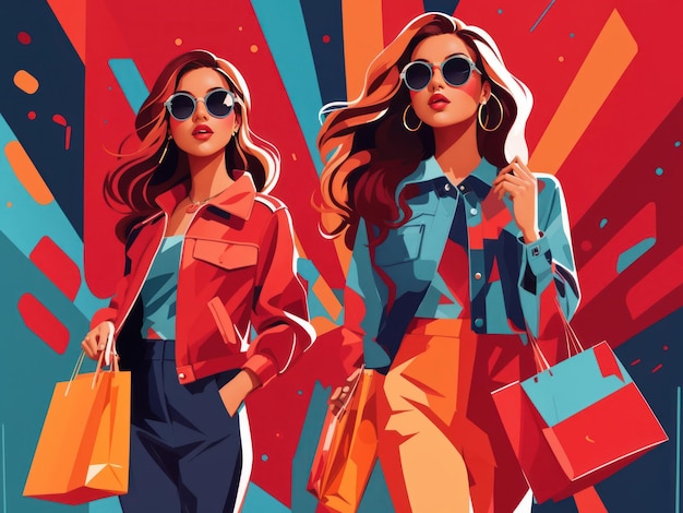 minimal flat vector illustration women with shopping bag