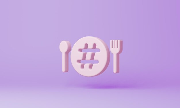 Minimal fork spoon hash symbol on purple background 3d rendering