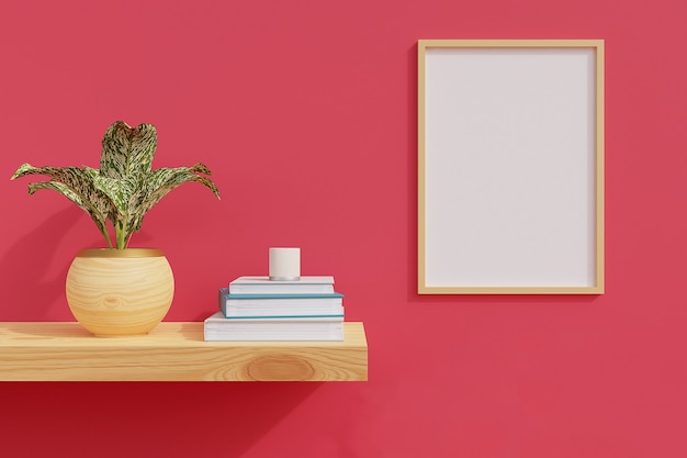 Minimal frame on wooden shelf with plants in room with pink wall. 3d rendering.