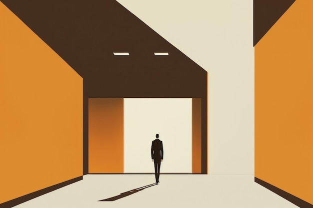 Minimal graphic design of businessman in office building background
