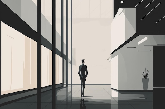 Minimal graphic design of businessman in office building background