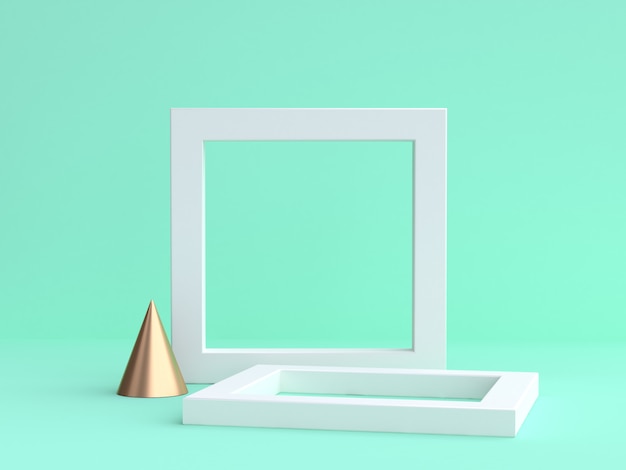 minimal green background 3d rendering  blank white frame gold cone