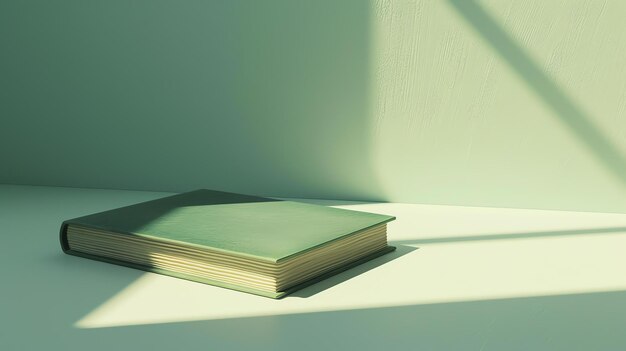 Photo the minimal green book is placed on the green table the sunlight from the window creates shadows on the wall and the table