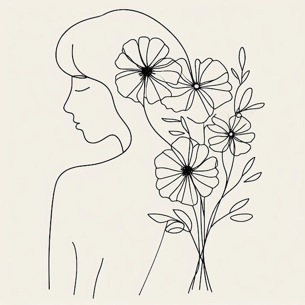 Minimal hand drawn illustration of woman and flowers elegant one line style drawing