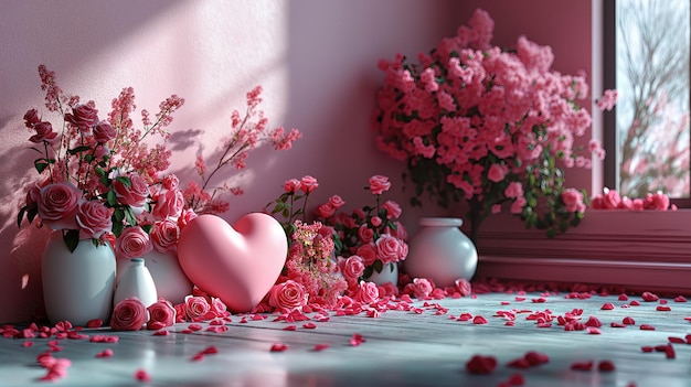 Foto banner di san valentino felice di lusso con cuore minimale e rosa