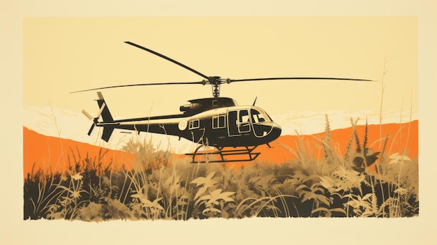 Minimal Helicopter Print In Tonal Landscapes Wildlife Muralism Illustration