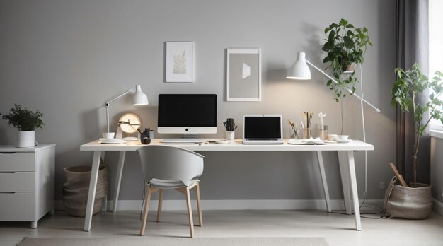 Minimal home office desk setup with grey neutral colors