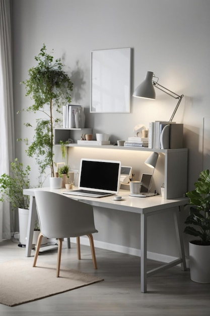 Минимальная установка домашнего офисного стола с серыми нейтральными цветами