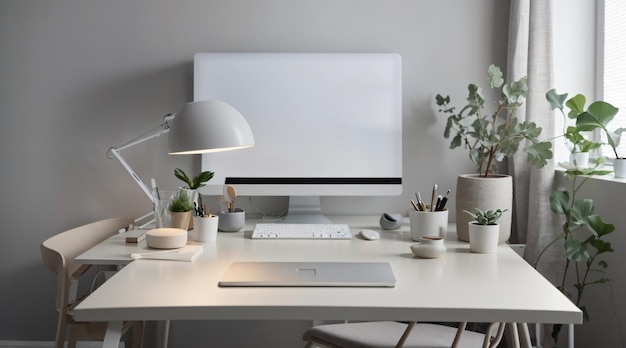 Minimal home office desk setup with grey neutral colors